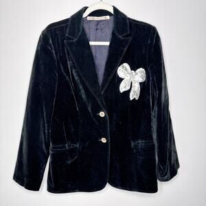 Vintage Urban Renewal Dark Green 2 Button‎ Velvet Blazer Size M Sequin Bow